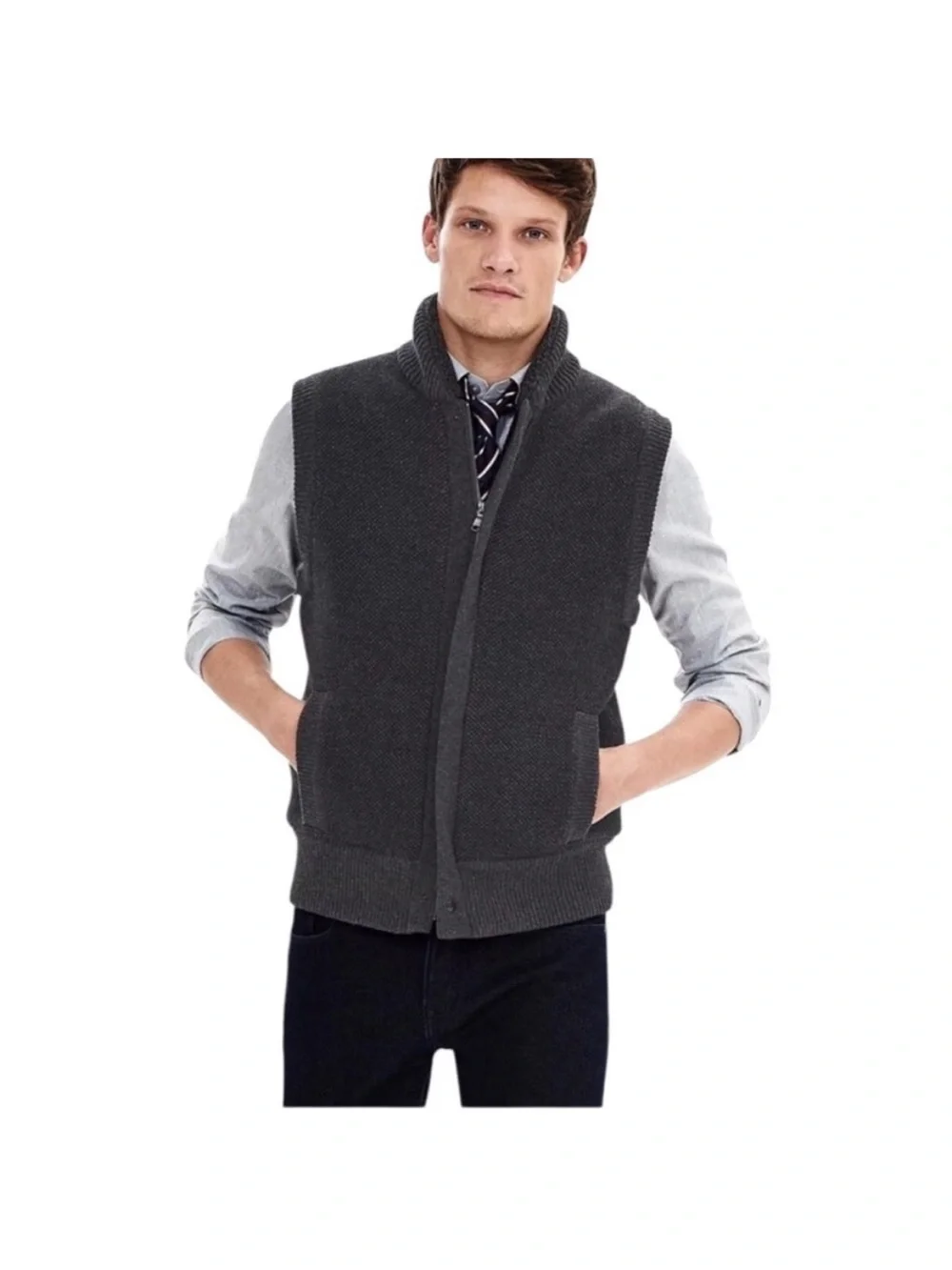 BANANA REPUBLIC Wool/ Cotton Men's Gray sz XL Vest double zipper shearling lined